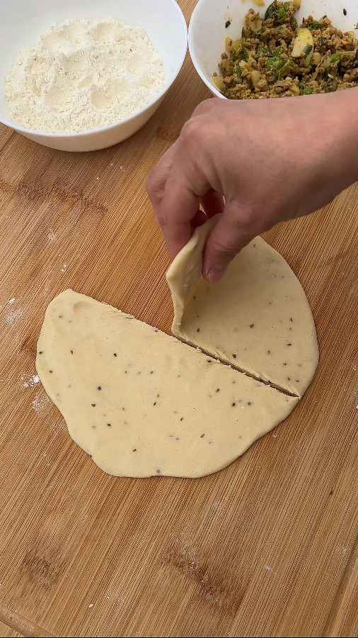 samosa dough cut thorugh the middle